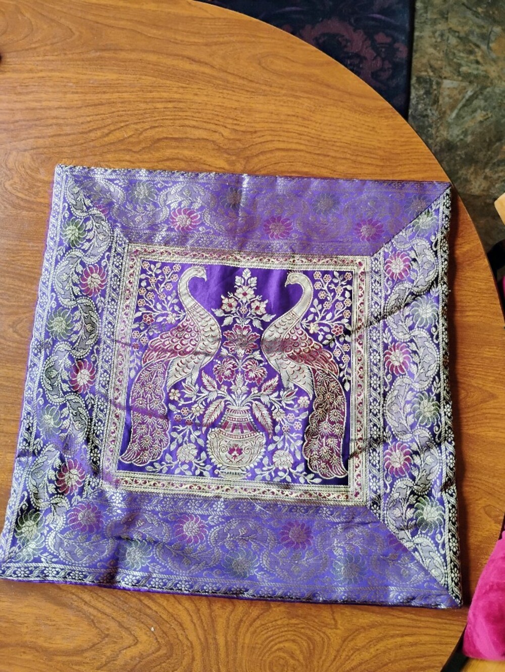 Ornate Purple Peacock Silk Accent Pillow Cover